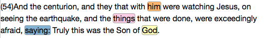 Matthew 27:54, Project Gutenberg Text (with discriminating features highlighted)