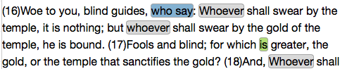 Matthew 23:16-17, Project Gutenberg Text (with discriminating features highlighted)