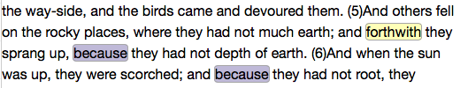 Matthew 13:5-6, Project Gutenberg Text (with discriminating features highlighted)